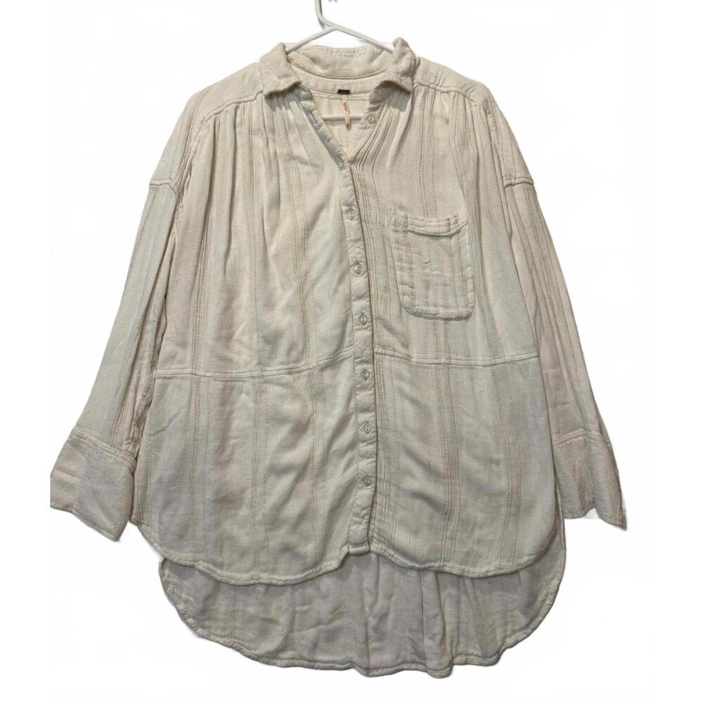 Free People Oversized Button Up Top Small Boho Gauze Cream Loose Fit 27 Pit
